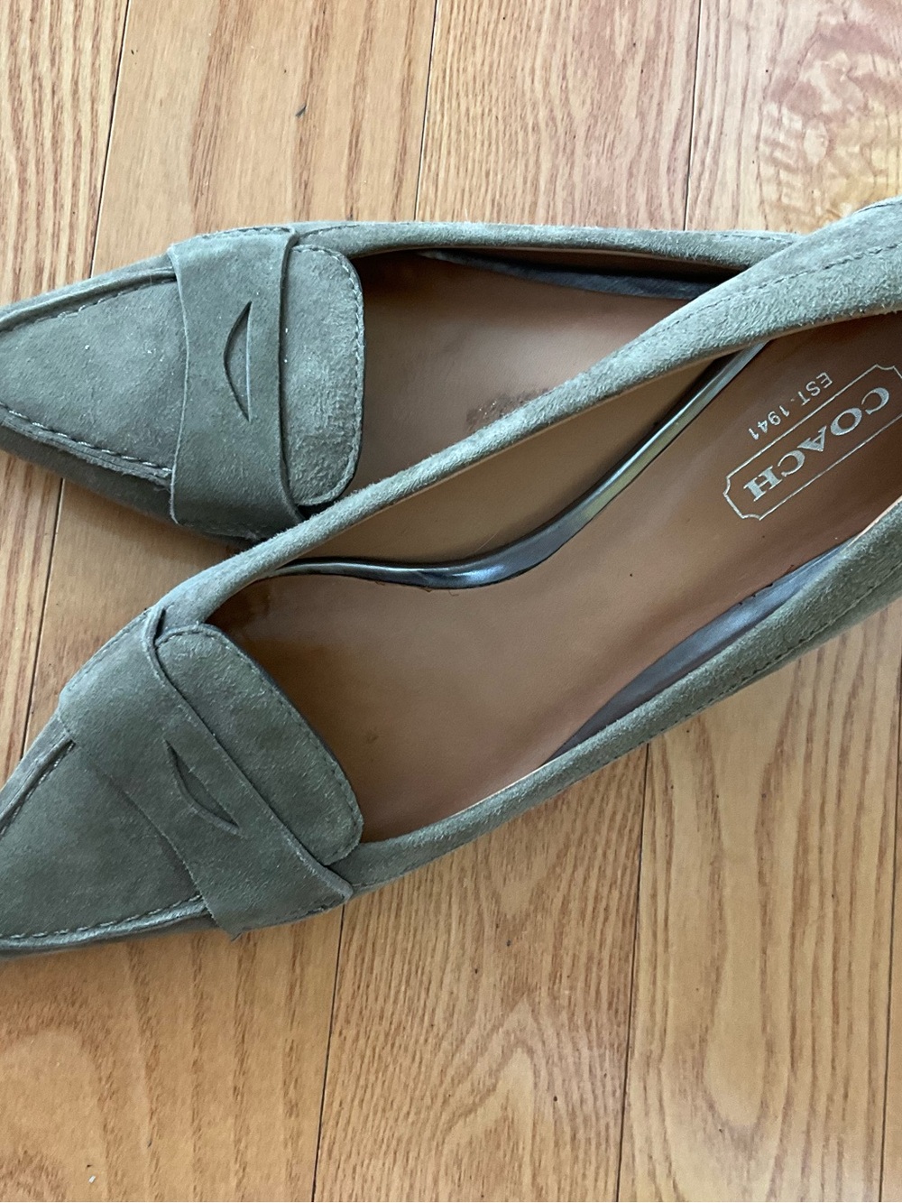COACH Olive Green Suede Pointed Penny Loafers